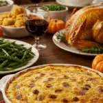 The stunning Carbonara Mashed Potato casserole as the centerpiece of a festive holiday dinner table.