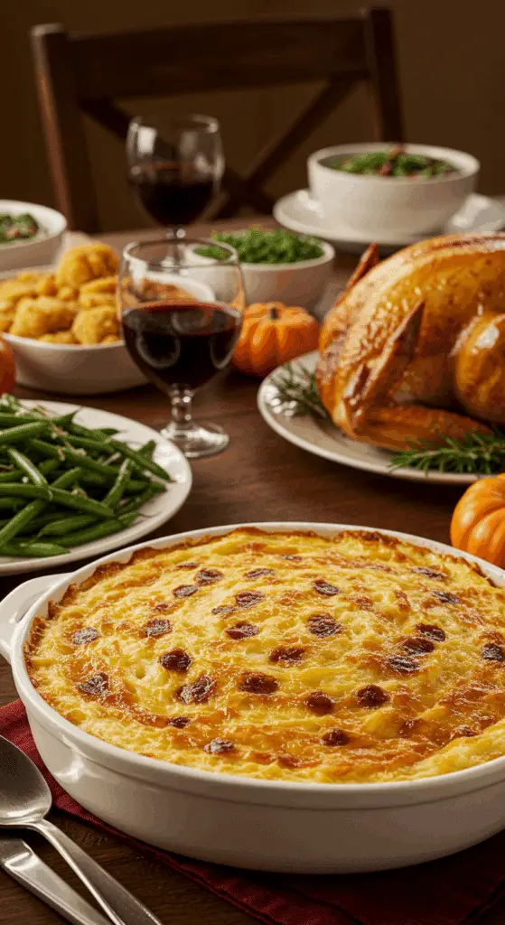 The stunning Carbonara Mashed Potato casserole as the centerpiece of a festive holiday dinner table.