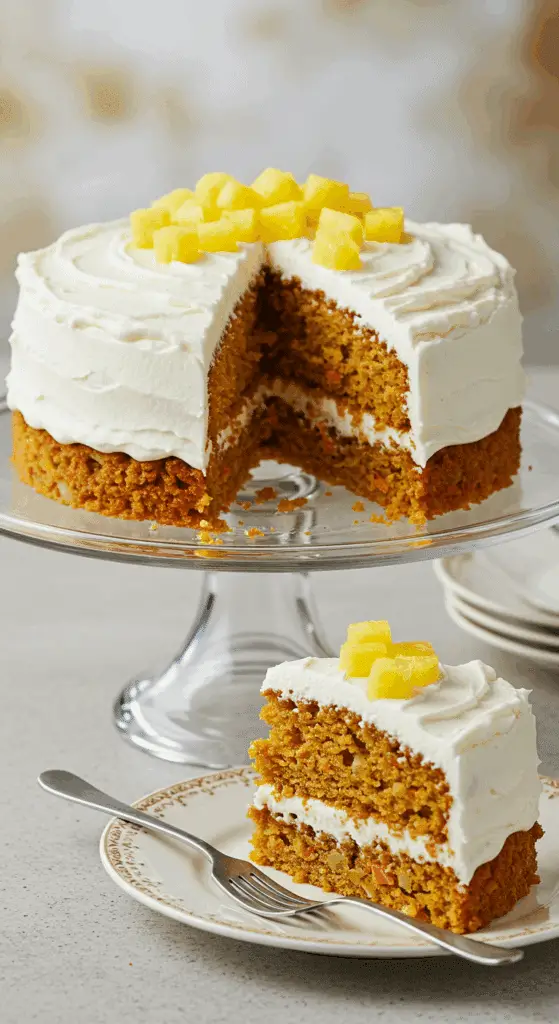 A beautiful, two-layer, homemade Carrot and Pineapple Cake on a cake stand with a perfect, moist slice removed.
