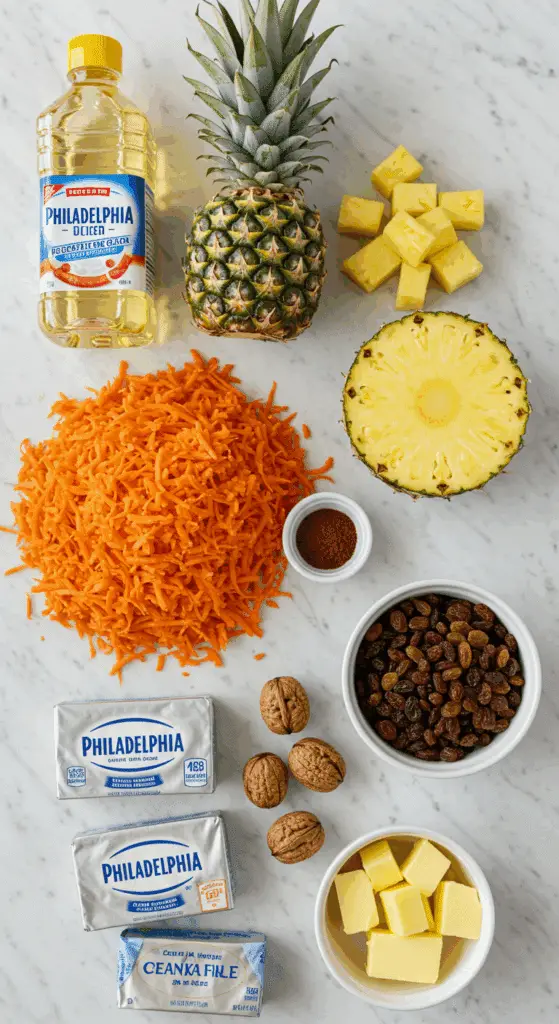 The fresh, from-scratch ingredients for the moist Carrot and Pineapple Cake with cream cheese frosting.