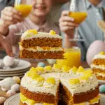 The beautiful, finished two-layer Carrot and Pineapple Cake being sliced and served at a festive celebration.