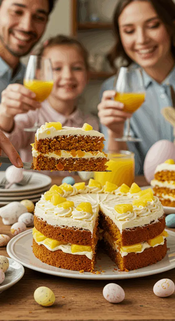 The beautiful, finished two-layer Carrot and Pineapple Cake being sliced and served at a festive celebration.