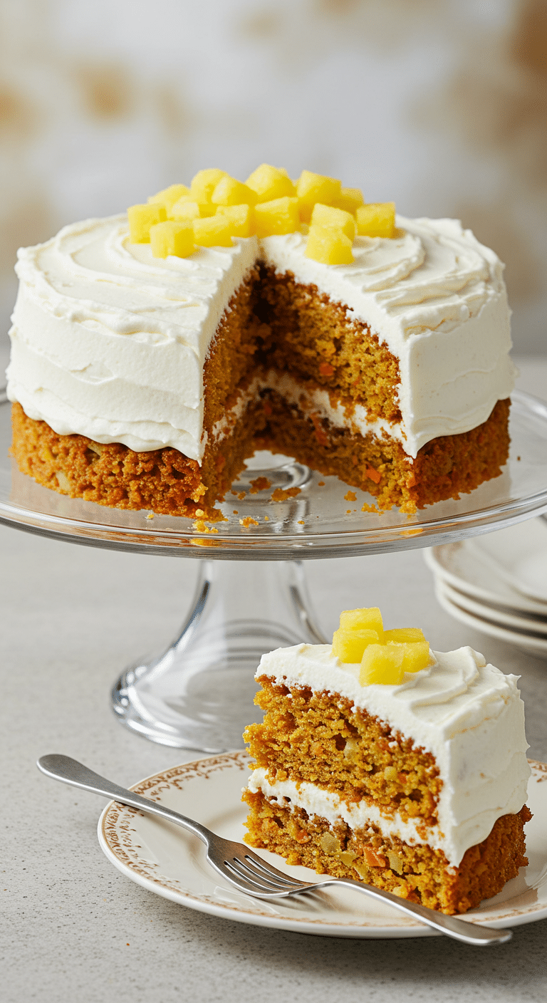 A beautiful, two-layer, homemade Carrot and Pineapple Cake on a cake stand with a perfect, moist slice removed.