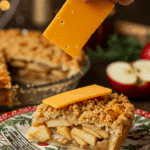 A perfect slice of homemade Apple Pie with a Cheddar Crust being served with an extra slice of cheddar cheese on top.
