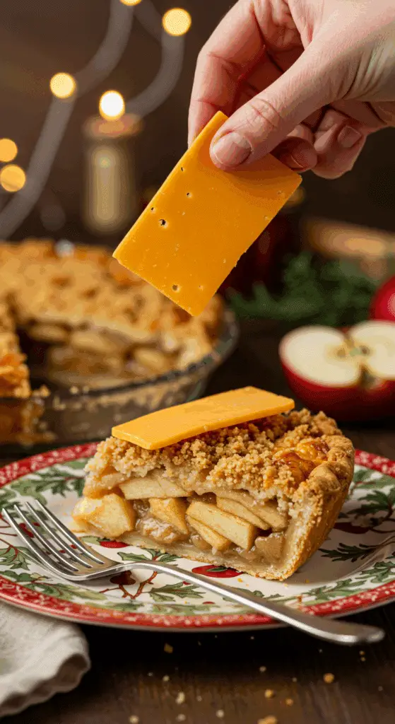 A perfect slice of homemade Apple Pie with a Cheddar Crust being served with an extra slice of cheddar cheese on top.