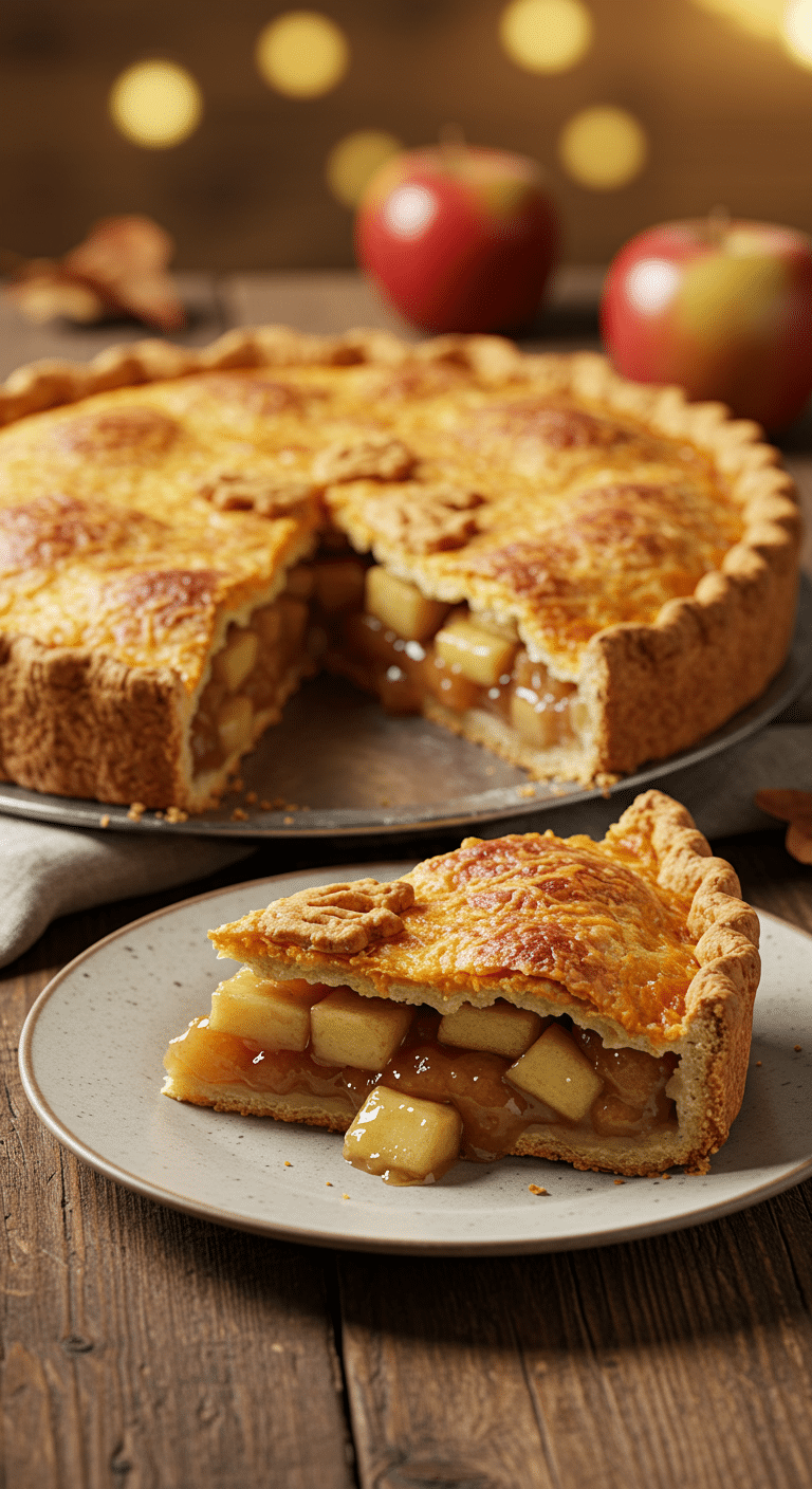 A beautiful, golden-brown homemade Apple Pie with a flaky Cheddar Cheese Crust and a perfect slice removed to show the jammy filling.