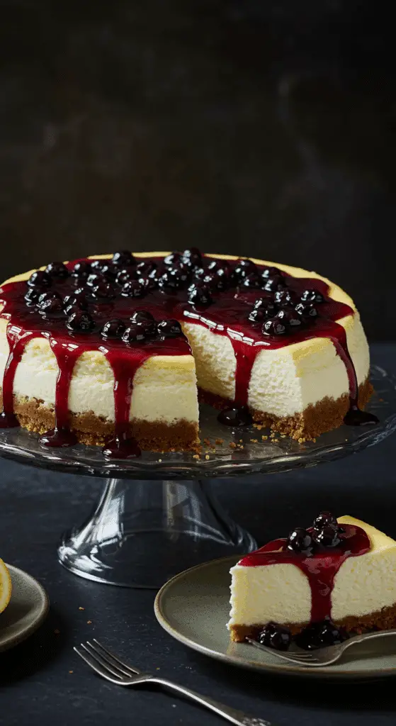 A beautiful, perfect, and flawless homemade New York-style cheesecake on a cake stand, topped with a vibrant lemon blueberry sauce.