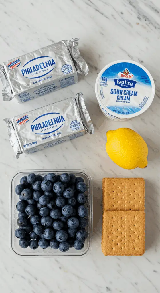 The simple, classic ingredients for the best, from-scratch New York-style cheesecake with a lemon blueberry topping.