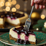 An elegant slice of perfect, homemade cheesecake with a blueberry topping being served as dessert at a festive holiday dinner party.