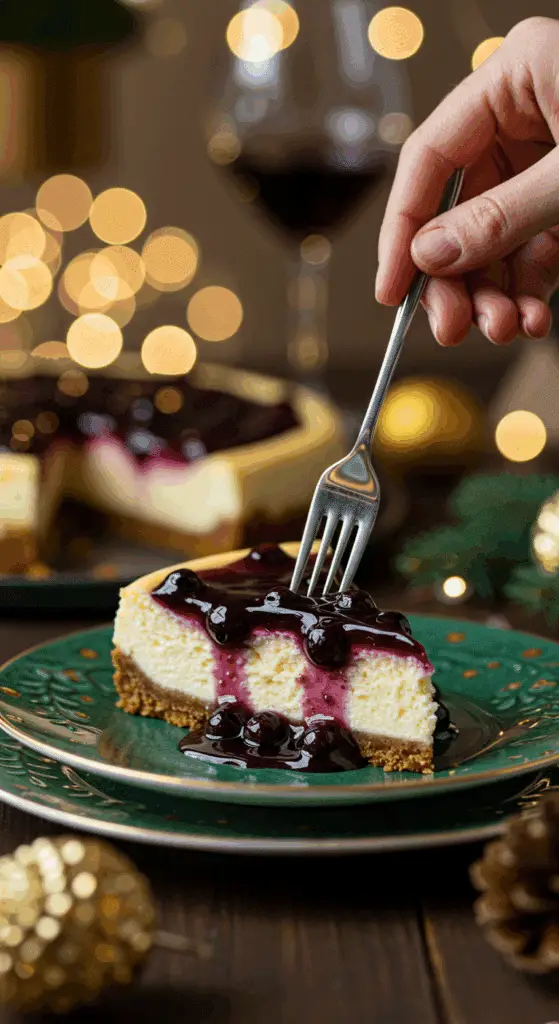An elegant slice of perfect, homemade cheesecake with a blueberry topping being served as dessert at a festive holiday dinner party.