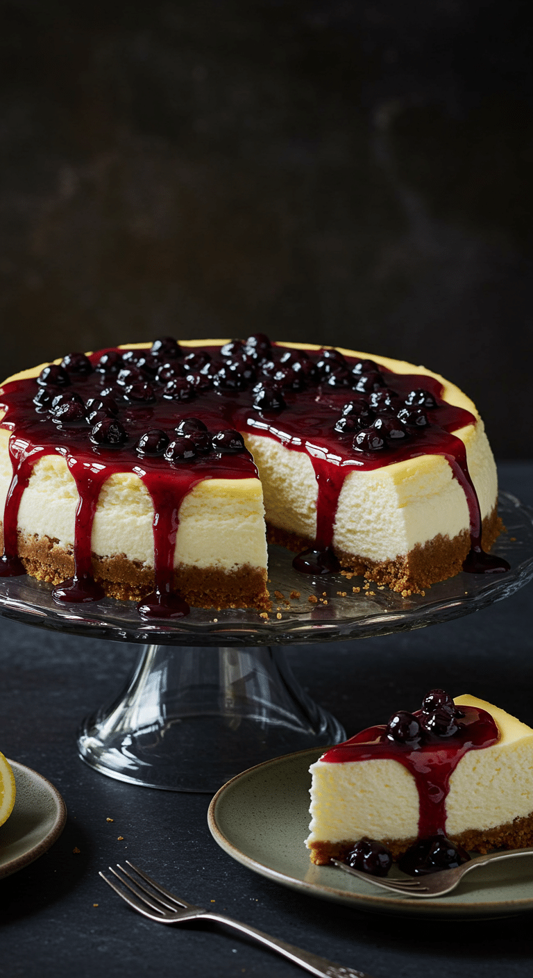 A beautiful, perfect, and flawless homemade New York-style cheesecake on a cake stand, topped with a vibrant lemon blueberry sauce.