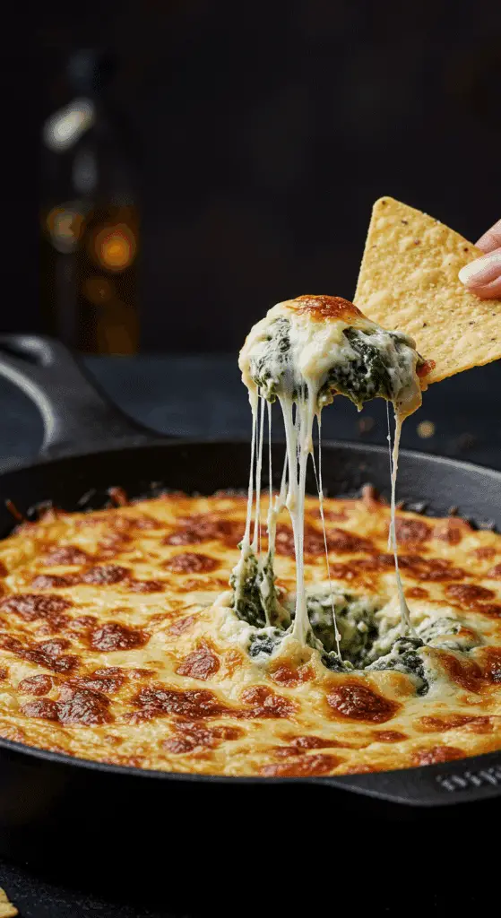 A beautiful, hot and bubbly, from-scratch Hot Spinach and Artichoke Dip in a skillet with a cheesy tortilla chip.