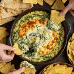 The finished bowl of Hot Spinach and Artichoke Dip being enjoyed by a group of friends at a party.