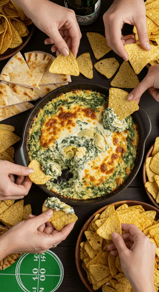 The finished bowl of Hot Spinach and Artichoke Dip being enjoyed by a group of friends at a party.