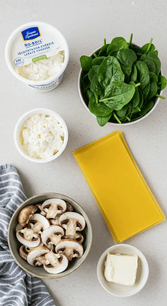 The fresh, healthy ingredients for the Spinach and Mushroom Vegetarian Lasagna recipe.