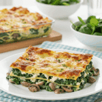 A healthy, beautiful slice of Spinach and Mushroom Lasagna served on a plate with a side salad.
