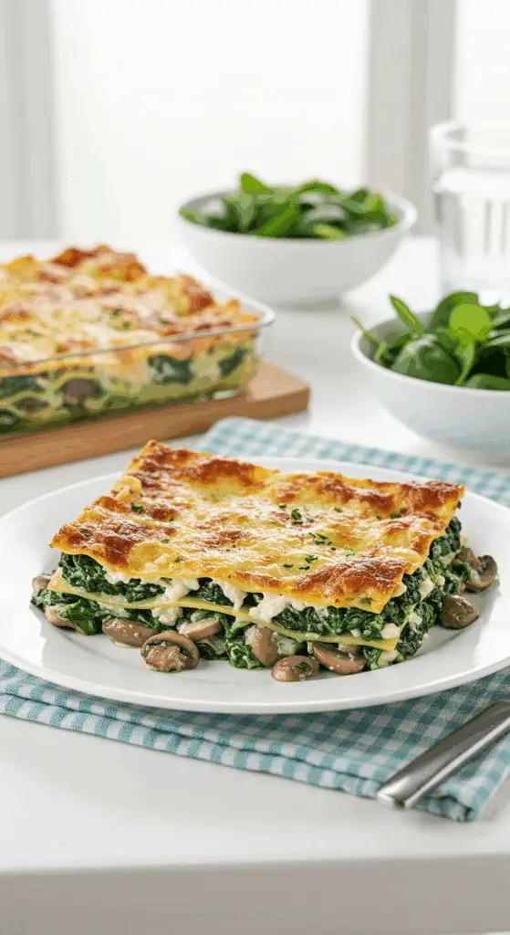 A healthy, beautiful slice of Spinach and Mushroom Lasagna served on a plate with a side salad.