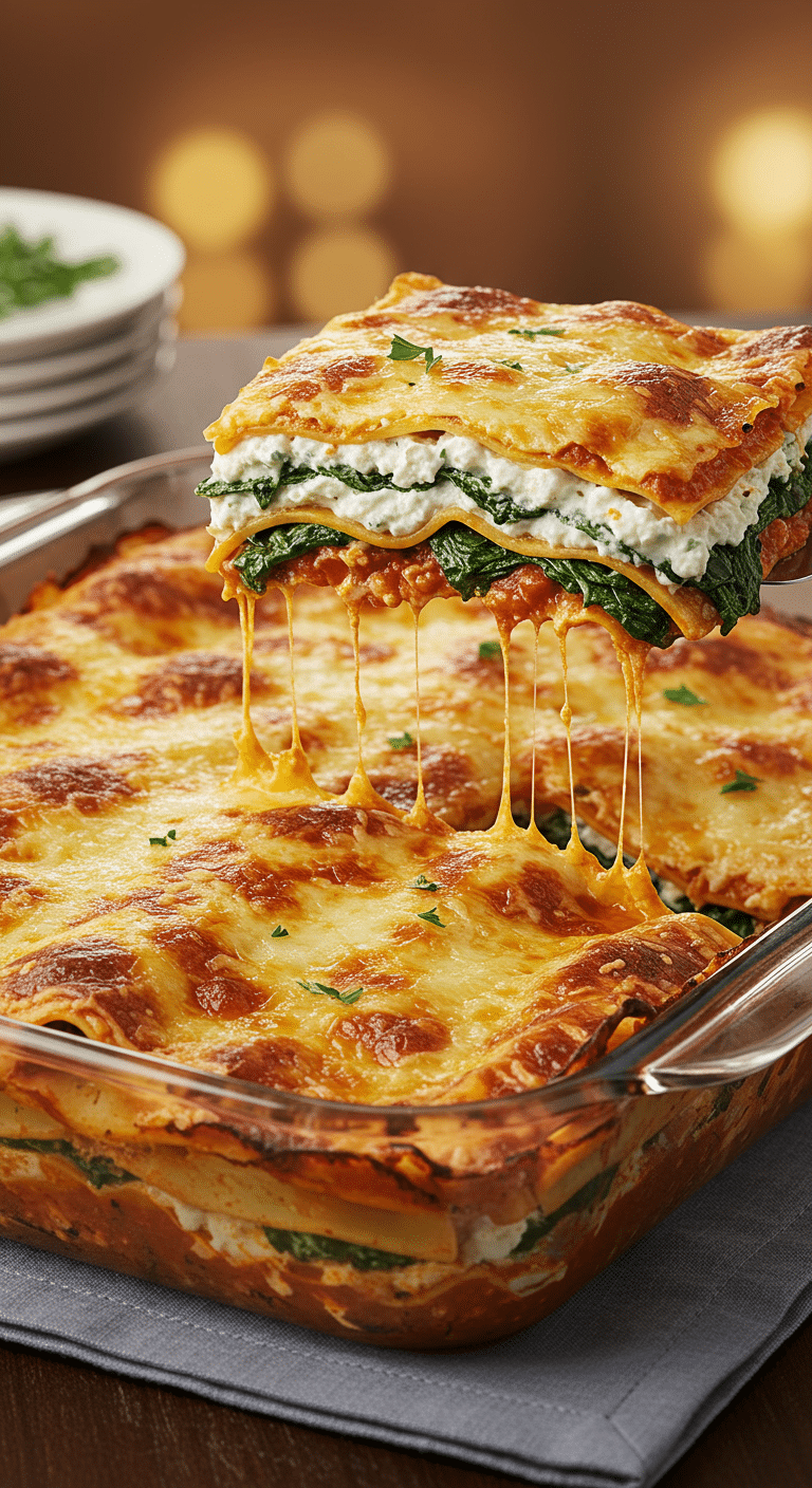 A beautiful, bubbly, golden-brown Spinach and Mushroom Lasagna with a perfect, layered slice being lifted out.