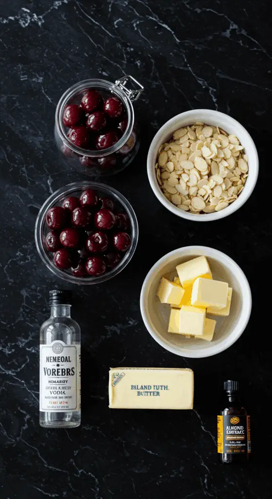 The elegant, from-scratch ingredients for the unique Sour Cherry-Almond Pie recipe.