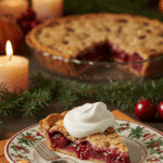 A perfect slice of homemade Sour Cherry-Almond Pie with a dollop of whipped cream being served for a holiday dessert.
