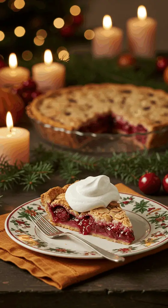 A perfect slice of homemade Sour Cherry-Almond Pie with a dollop of whipped cream being served for a holiday dessert.
