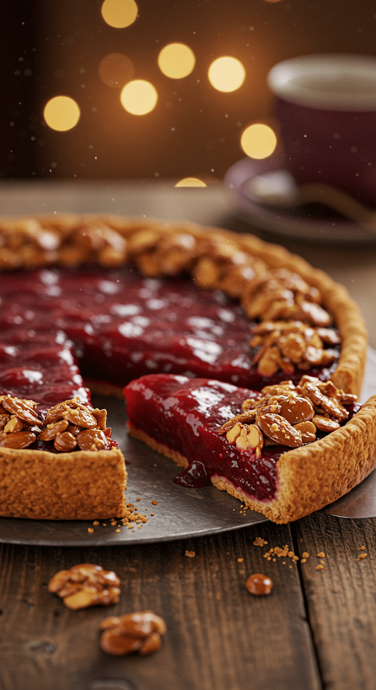 A beautiful, golden-brown homemade Sour Cherry-Almond Pie with a flaky crust and a perfect slice removed to show the glossy, red filling.