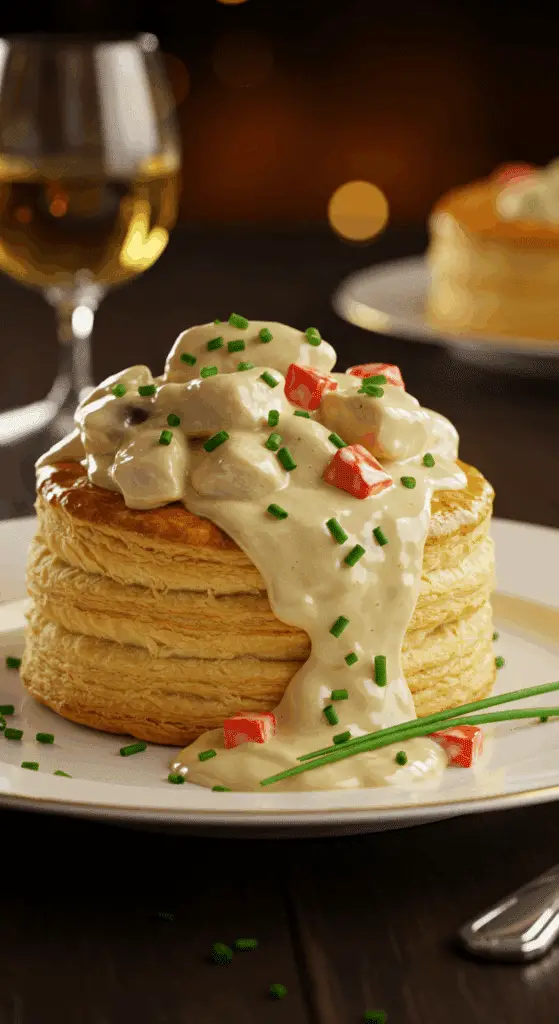 An elegant plate of classic, creamy homemade Chicken a la King served over a flaky puff pastry shell.