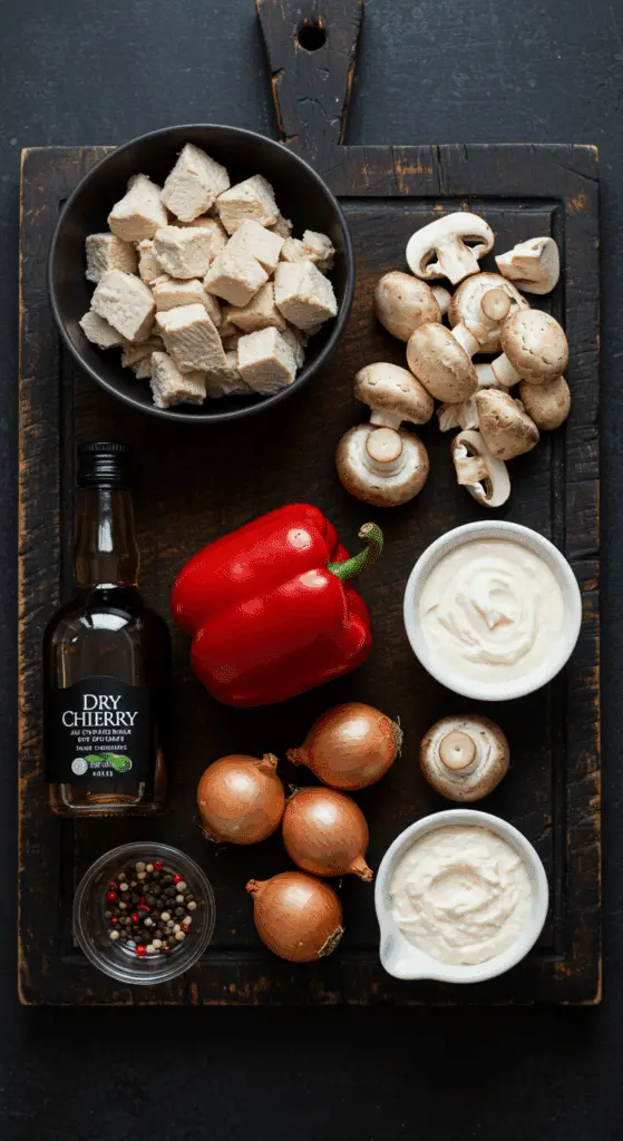 The classic, from-scratch ingredients for the homemade Chicken a la King recipe.