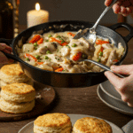 Serving a warm, comforting portion of homemade Chicken a la King over a biscuit at a dinner party.