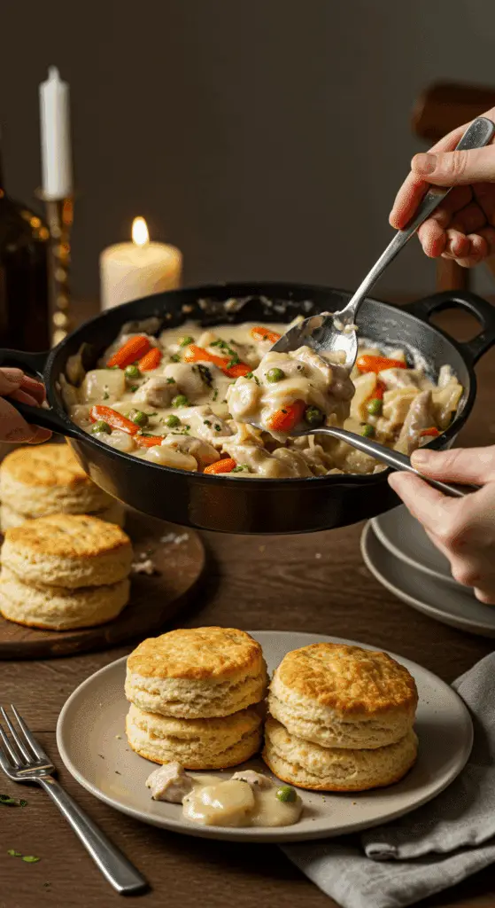 Serving a warm, comforting portion of homemade Chicken a la King over a biscuit at a dinner party.