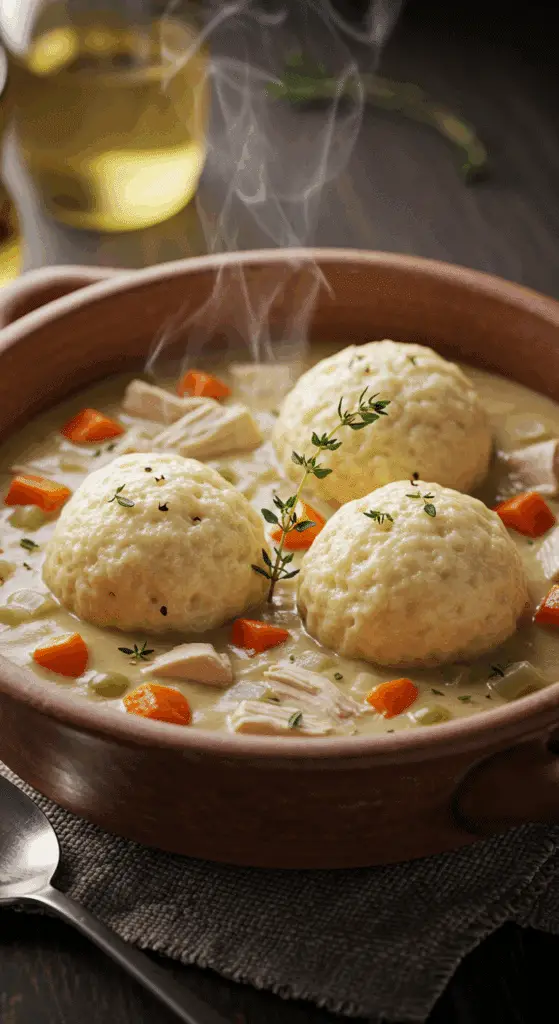 A warm, comforting bowl of classic, from-scratch Chicken and Dumplings with large, fluffy dumplings.