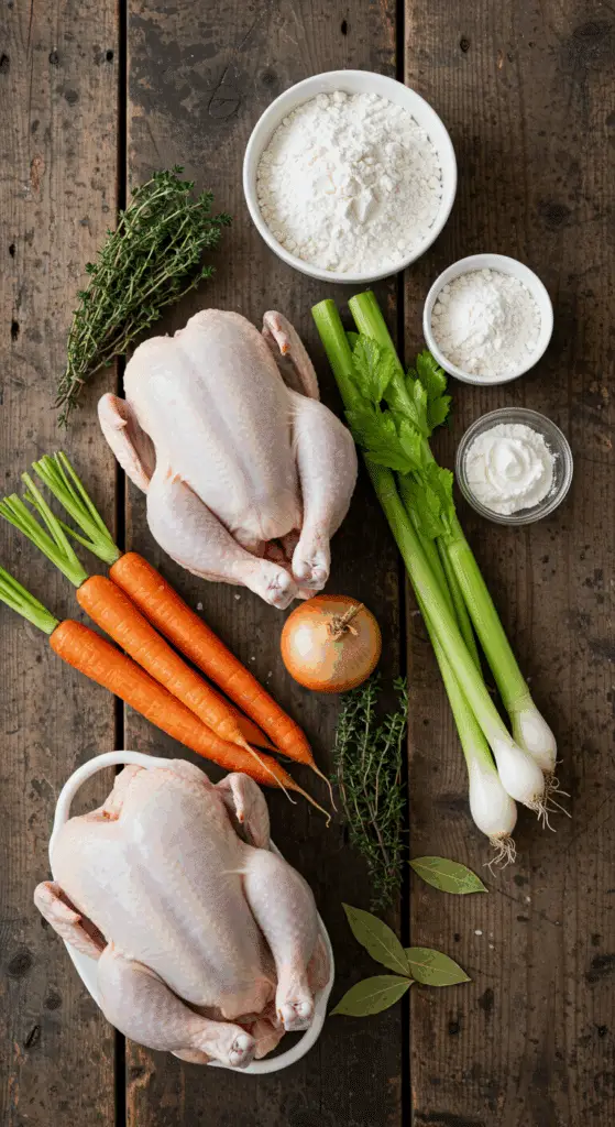 The fresh, from-scratch ingredients for the classic Chicken and Dumplings recipe.