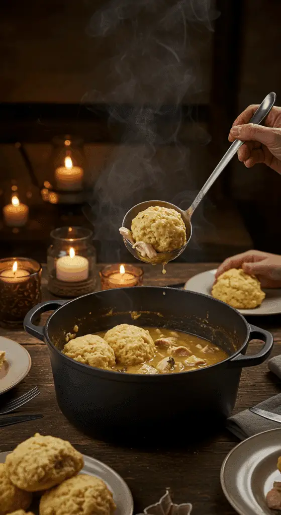 Serving a warm, comforting bowl of homemade Chicken and Dumplings at a family dinner.
