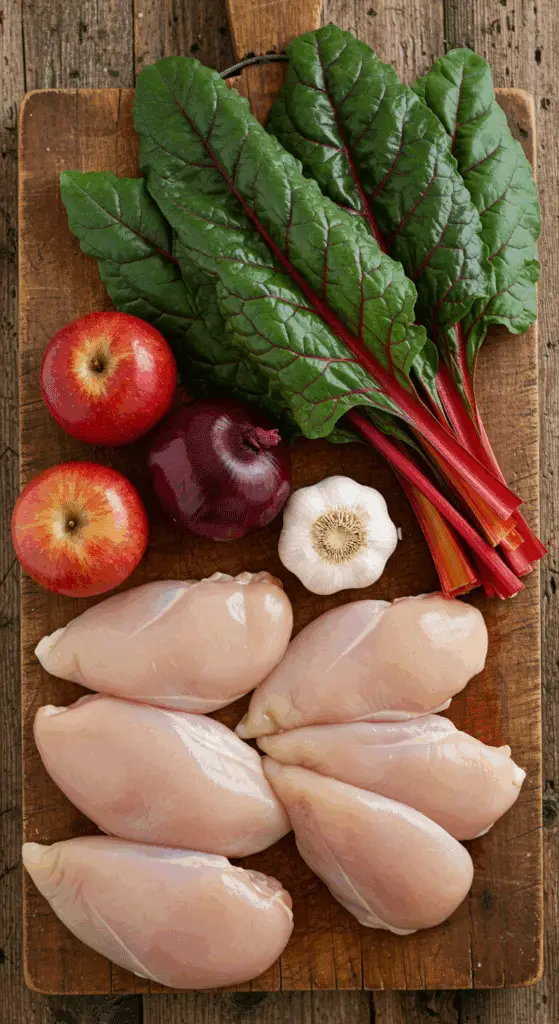 The fresh, wholesome ingredients for the healthy, from-scratch Spiced Chicken with Apples and Swiss chard recipe.
