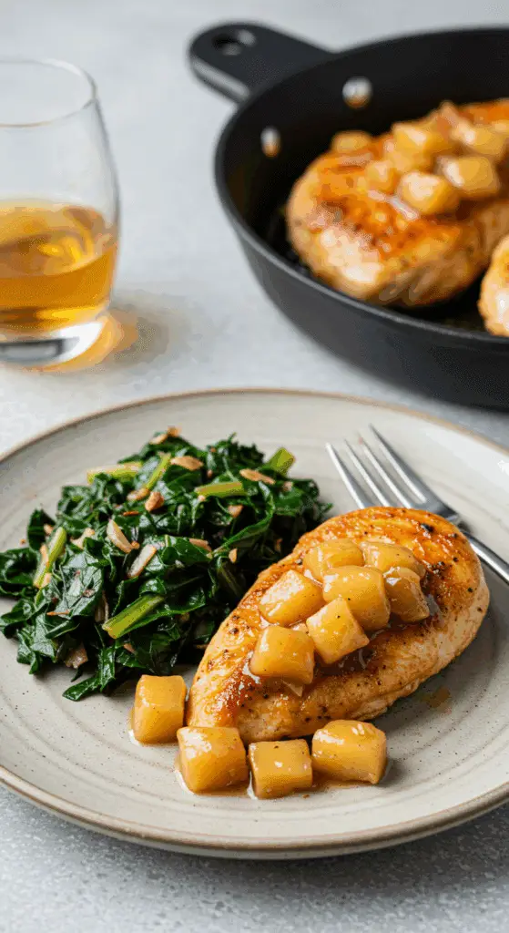 A beautiful plate of homemade Spiced Chicken with Apples and sauce, served alongside a pile of fresh, sautéed Swiss chard.