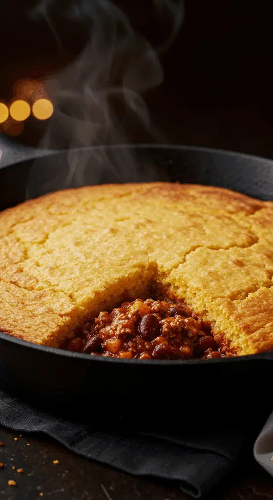 A beautiful, golden-brown, homemade Chili Cornbread Casserole in a cast-iron skillet with a perfect scoop removed to show the chili.