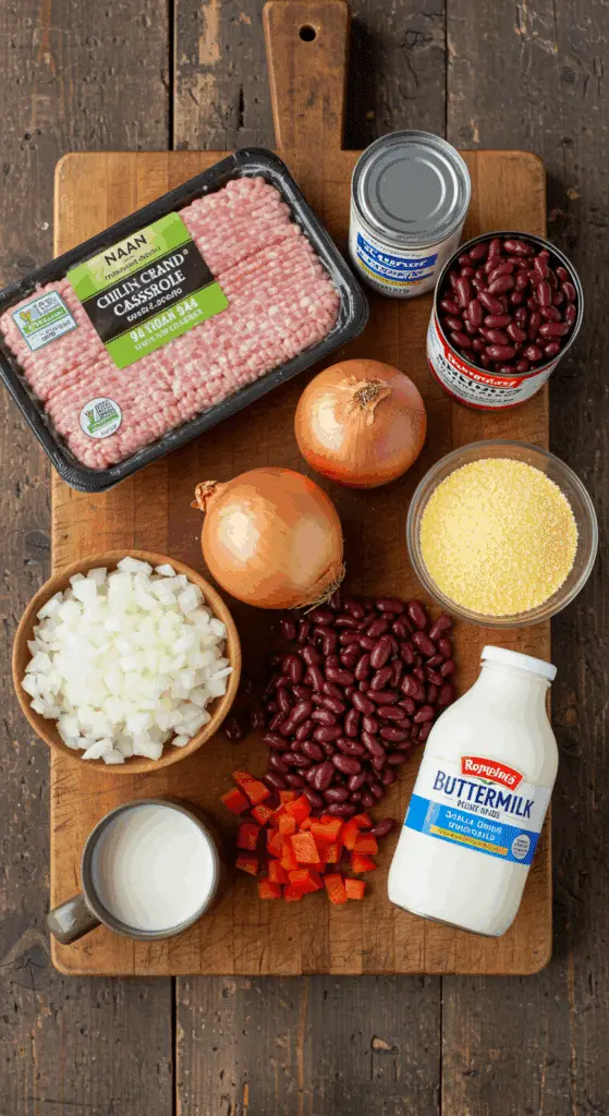 The fresh, from-scratch ingredients for the hearty, one-skillet Chili Cornbread Casserole recipe.
