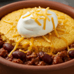 A cozy bowl of homemade Chili Cornbread Casserole topped with sour cream and cheese, being served for a family dinner.