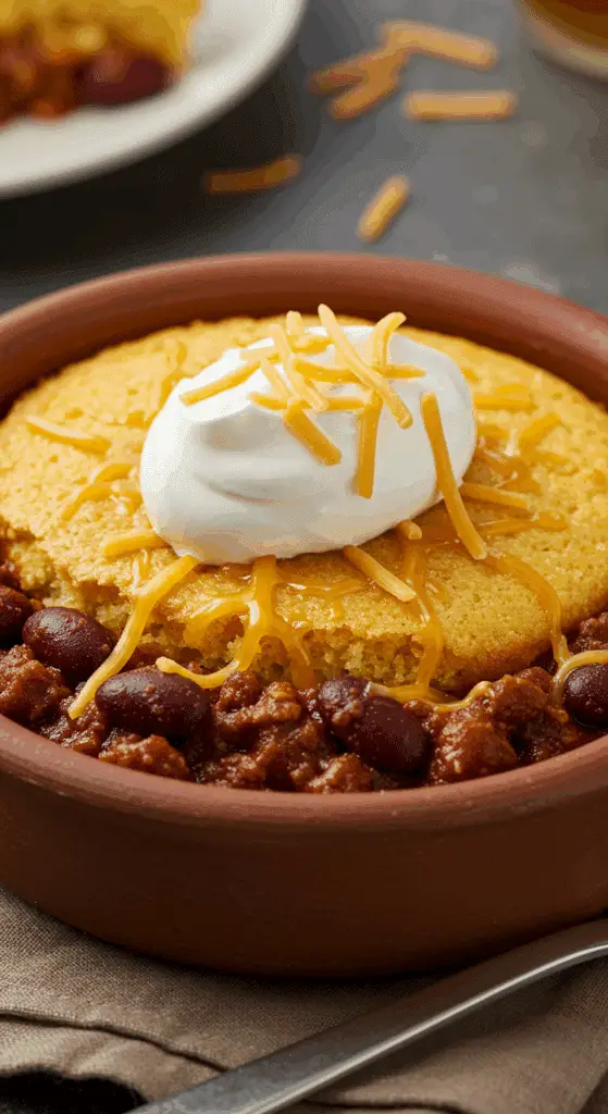 A cozy bowl of homemade Chili Cornbread Casserole topped with sour cream and cheese, being served for a family dinner.