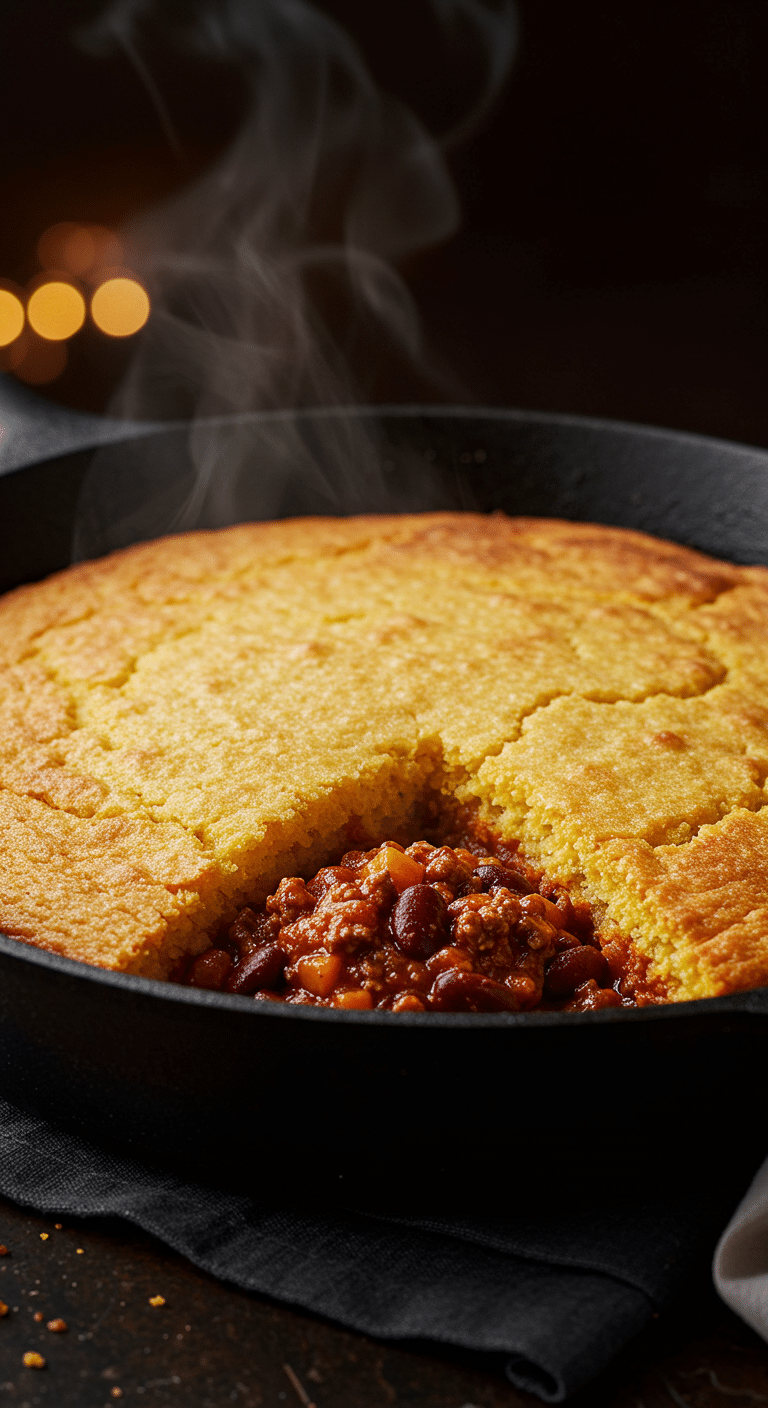 A beautiful, golden-brown, homemade Chili Cornbread Casserole in a cast-iron skillet with a perfect scoop removed to show the chili.