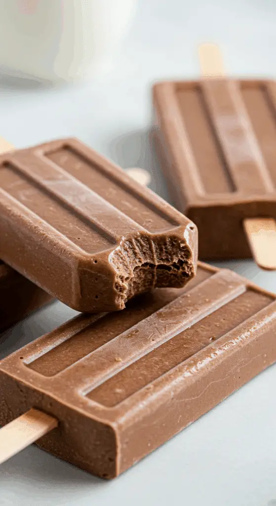 Three beautiful, creamy, homemade Chocolate Banana Protein Pops with a bite taken out of one.