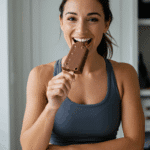 A happy person eating a healthy, high-protein Chocolate Banana Protein Pop after a workout.