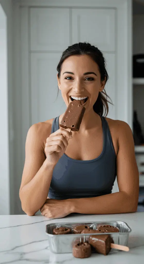 A happy person eating a healthy, high-protein Chocolate Banana Protein Pop after a workout.