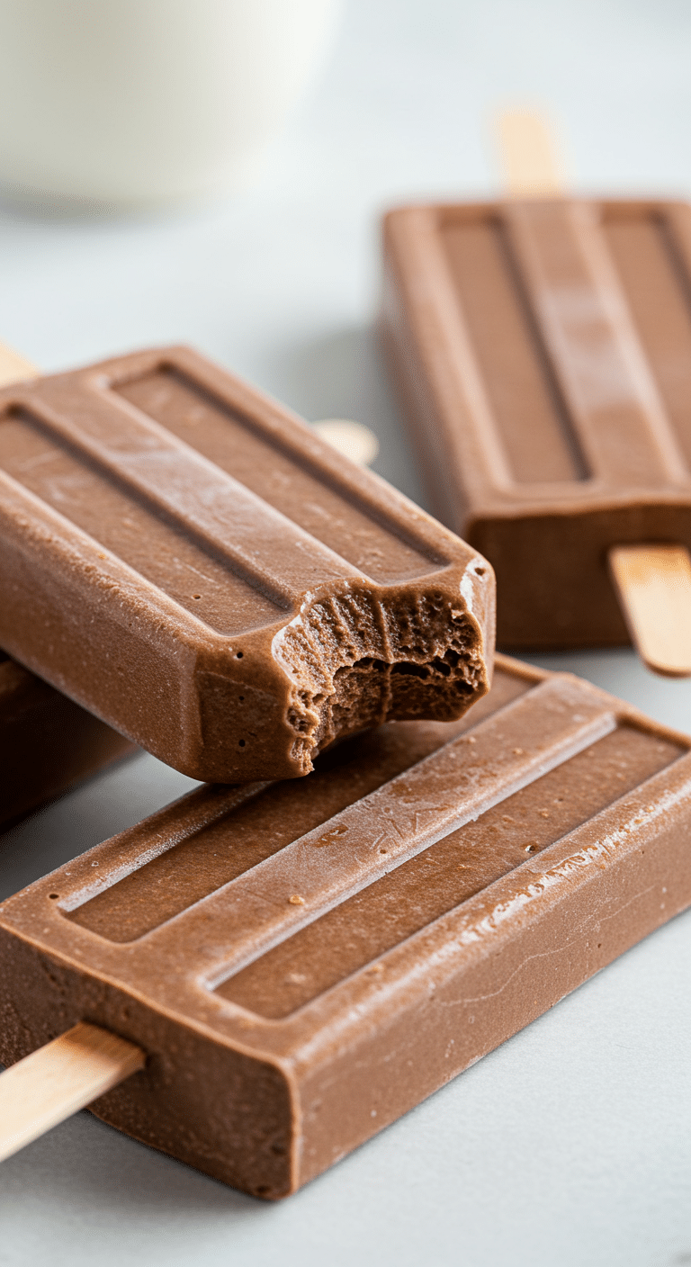 Three beautiful, creamy, homemade Chocolate Banana Protein Pops with a bite taken out of one.