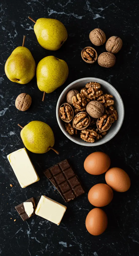 The elegant, from-scratch ingredients for the gourmet Pear-Walnut Chocolate Tart recipe.