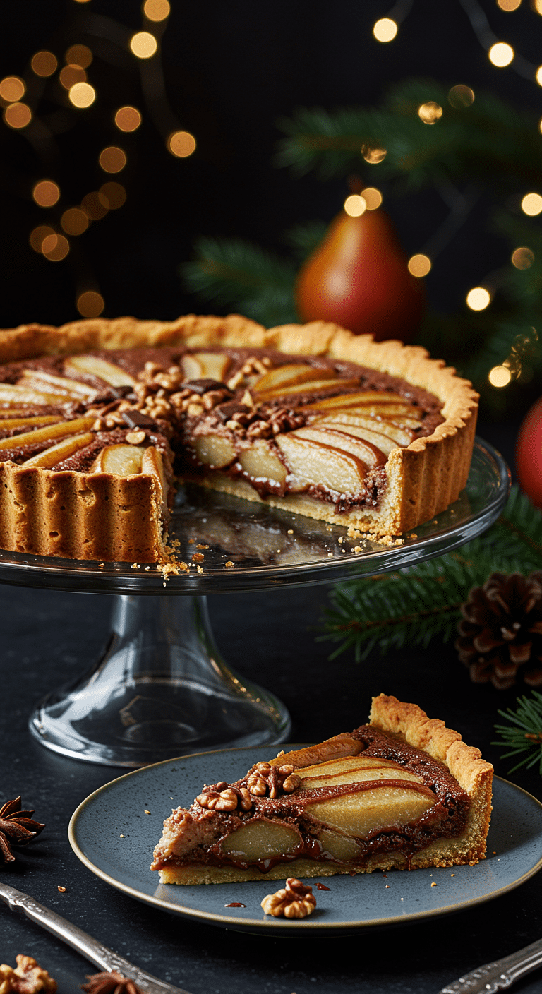 A beautiful, elegant, homemade Pear-Walnut Chocolate Tart on a cake stand with a perfect, layered slice removed.