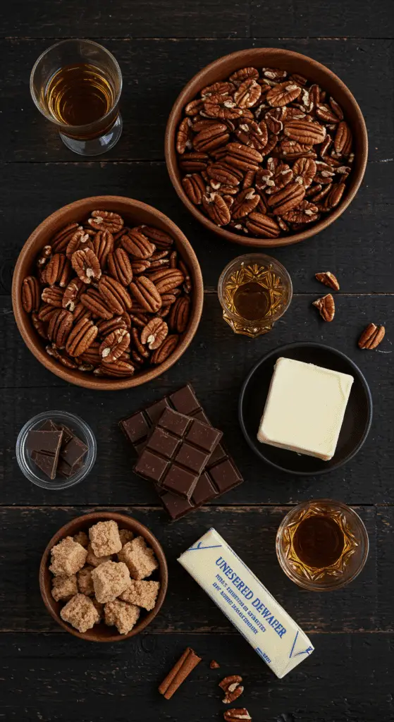 The rich, from-scratch ingredients for the decadent Chocolate-Toffee Pecan Tart recipe.