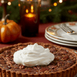 A perfect slice of homemade Chocolate-Toffee Pecan Tart with a dollop of whipped cream being served for a holiday dessert.