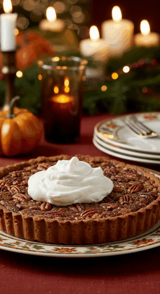 A perfect slice of homemade Chocolate-Toffee Pecan Tart with a dollop of whipped cream being served for a holiday dessert.