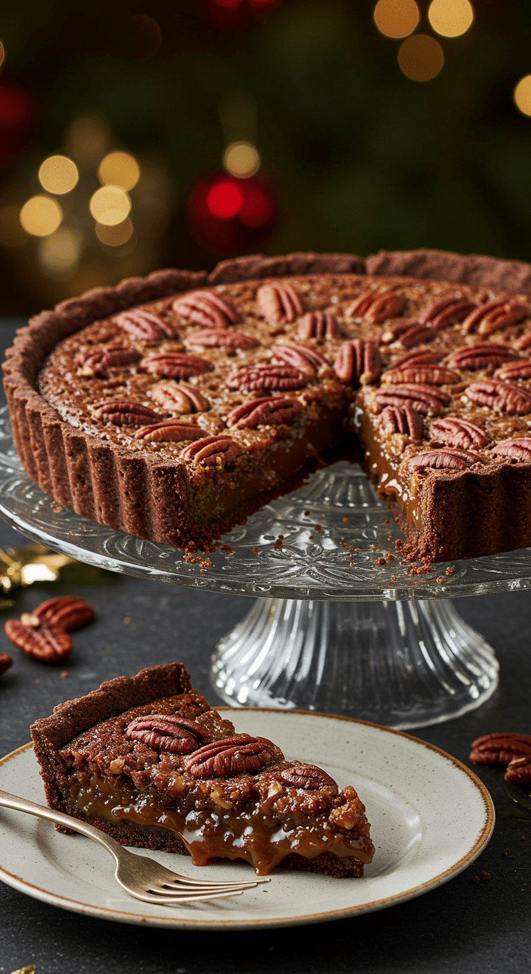 A beautiful, glossy, homemade Chocolate-Toffee Pecan Tart with a perfect, gooey slice removed.